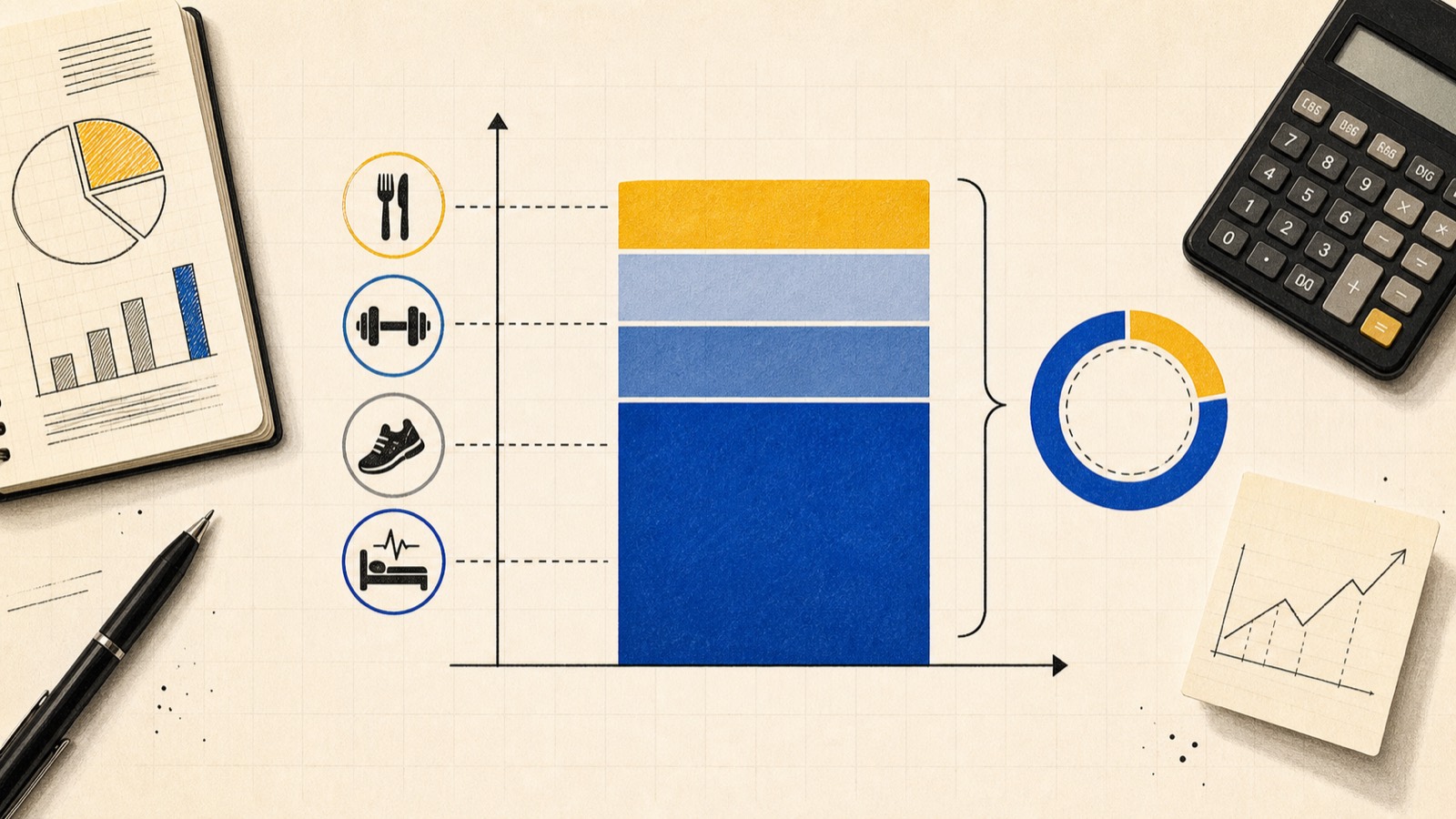 Stacked bar chart of energy use in yellow and blue, with activity icons of a fork, dumbbell, sneaker, and bed running down one side, alongside a calculator and an open notebook of charts.