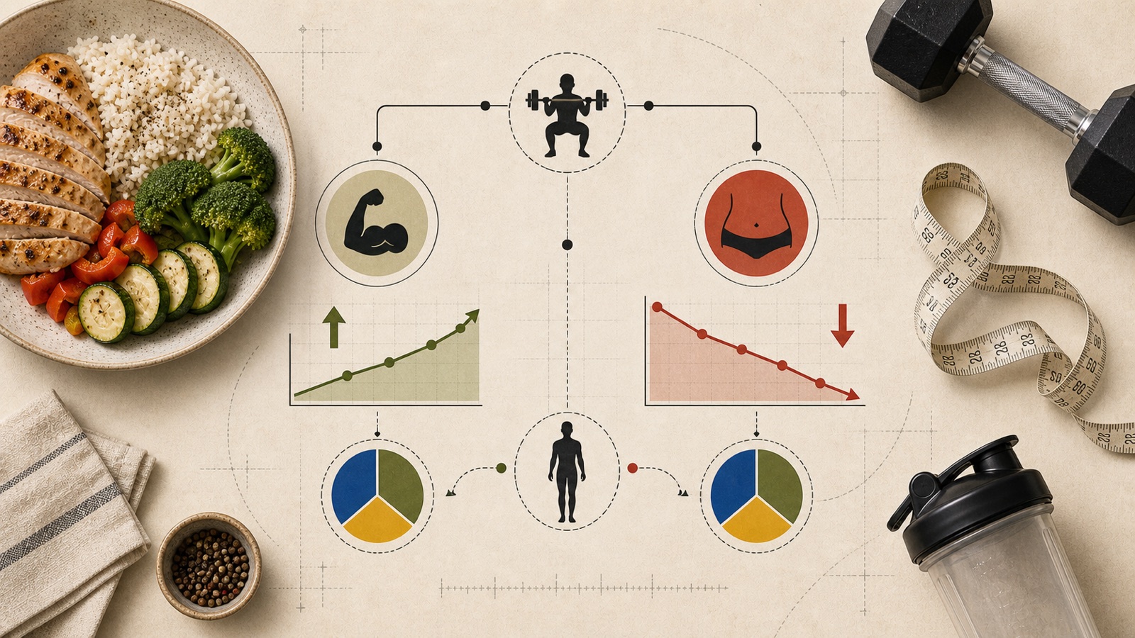 Overhead editorial diagram on a cream paper background with faint blueprint lines. A barbell-squat icon at the top branches into two paths: on the left, a green-circled flexed-bicep icon above an upward-trending green line chart and an up arrow; on the right, a red-circled midsection icon above a downward-trending red line chart and a down arrow. A human silhouette and two blue-and-yellow macro pie charts sit at the bottom. Around the edges are a bowl of grilled chicken, rice, broccoli and peppers, a striped napkin and peppercorns, a black dumbbell with a tape measure, and a black shaker bottle.
