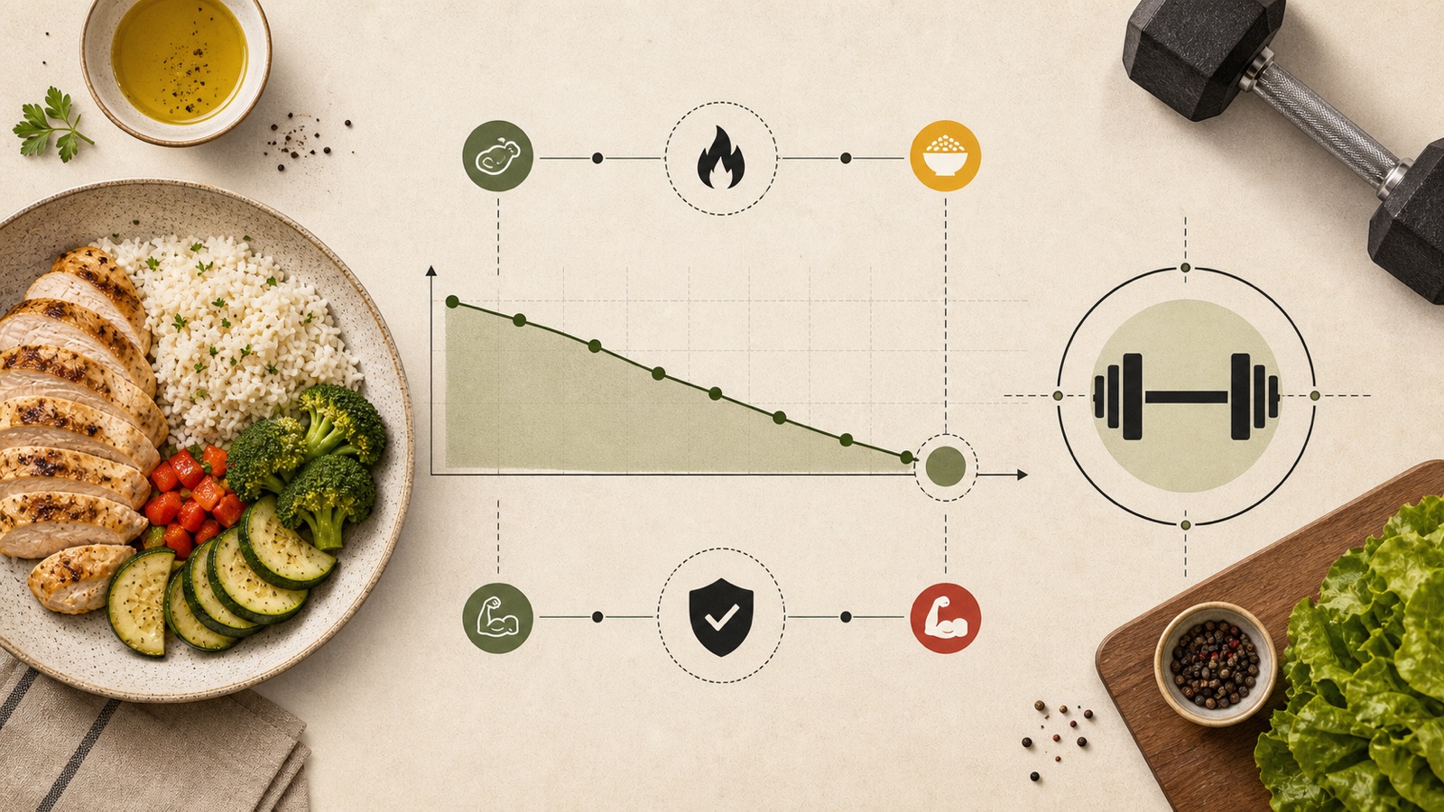 Overhead editorial diagram on a cream paper background. A green shaded area chart slopes downward from left to right, ending at a filled dot on the axis. Two rows of small circular icons connected by dashed lines frame the chart: a grain bowl, a flame, and a bowl of grains along the top; a flexed bicep, a shield, and a chili pepper along the bottom. To the right, a black dumbbell icon sits inside a double-ringed circle. Around the edges are a bowl of sliced grilled chicken with white rice, broccoli, zucchini and red peppers, a small dish of olive oil with parsley, a black dumbbell, scattered peppercorns, a striped napkin, and green lettuce on a wooden board.