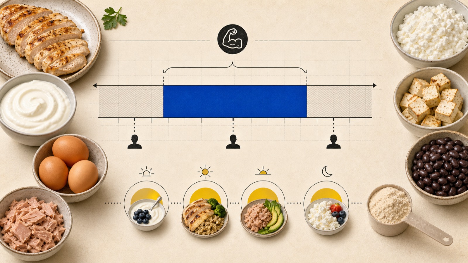 Top-down spread of protein foods including chicken breast, eggs, Greek yogurt, and fish, arranged in rows with portion bowls between them.