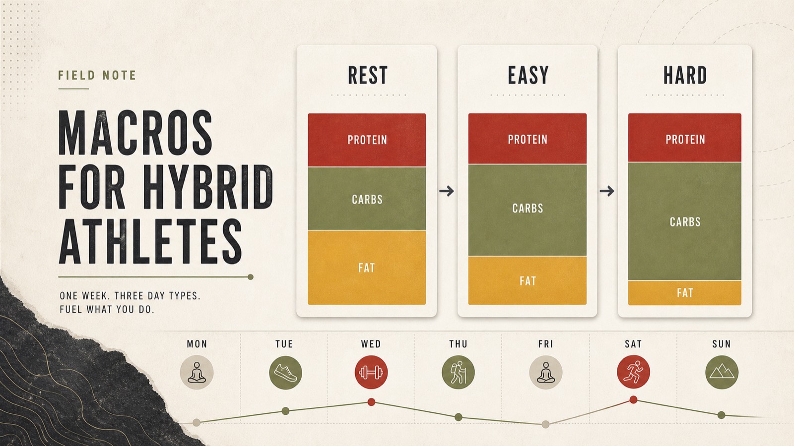 Editorial diagram titled Macros for Hybrid Athletes, with three stacked panels labeled Rest, Easy, and Hard showing protein steady while carbs scale up and fat scales down. A week timeline runs along the bottom with activity icons for rest, easy run, lift, hike, yoga, hard run, and rest.